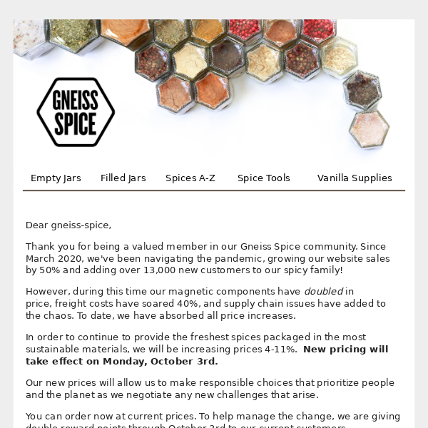 Notice Gneiss Spice Price Increase