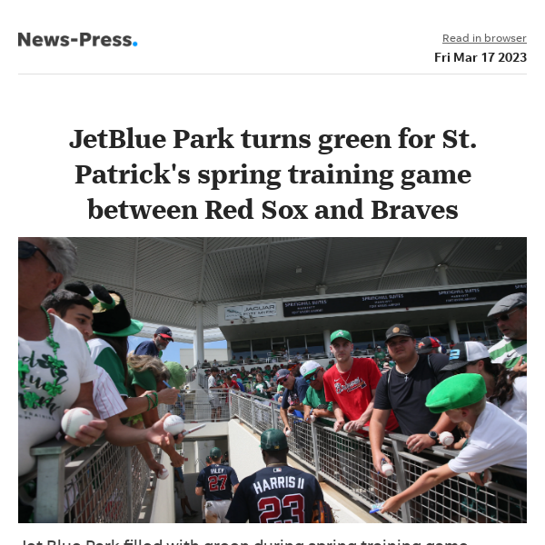 News alert: JetBlue Park turns green for St. Patrick's Day spring training game between Red Sox and Braves