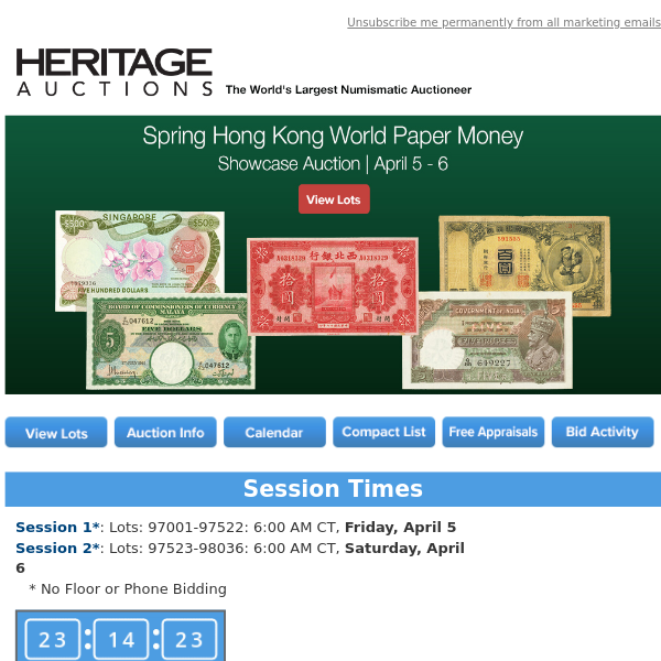 Bid Now: April 5 - 6 Spring Hong Kong World Paper Money Showcase Auction