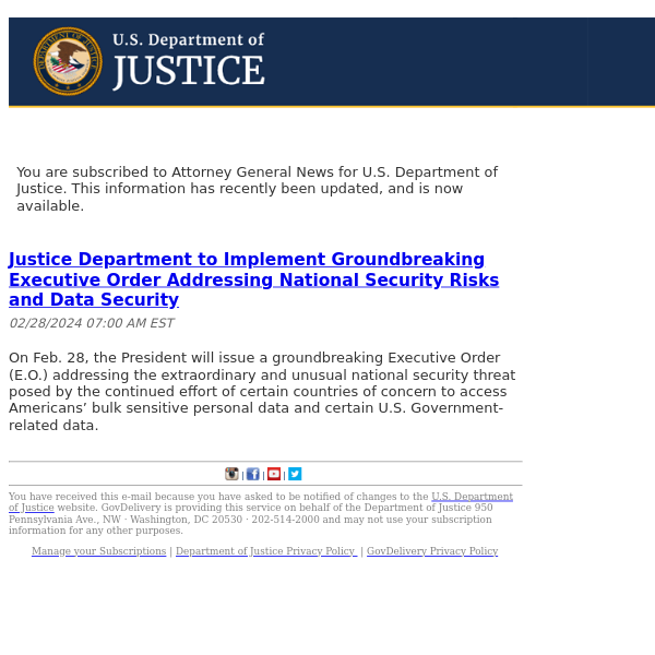 U.S. Department of Justice Attorney General News Update