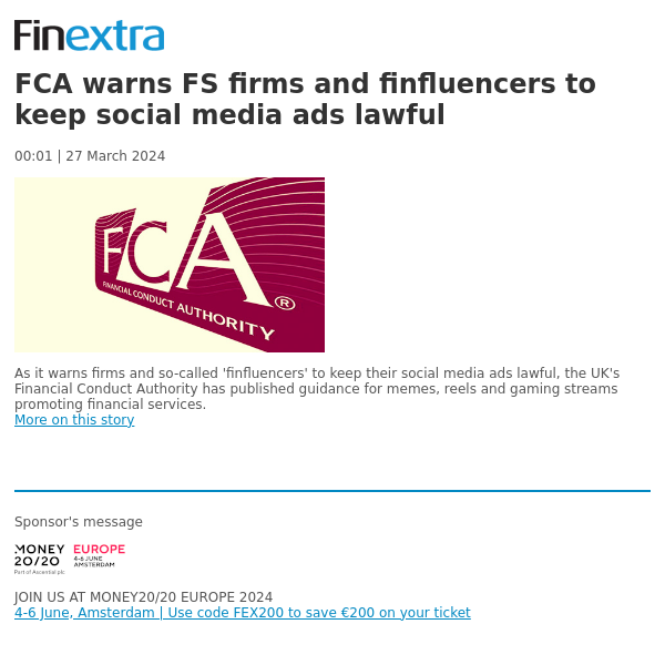 Finextra News Flash: FCA warns FS firms and finfluencers to keep social media ads lawful