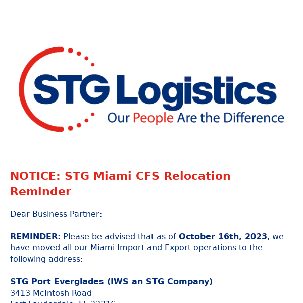 NOTICE: STG Miami CFS Relocation Reminder