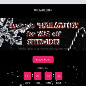 Only 21 Hours to go!☃️'Hailsanta' 20% Off Sitewide Now On🔥