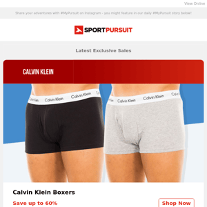 Calvin Klein Boxers | Oakley Snow Clothing | Spring Hiking | Coolsurf | Bicycle Line Cycling Clothing | Up to 67% Off!