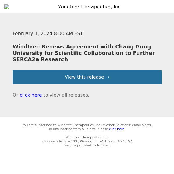 Windtree Renews Agreement with Chang Gung University for Scientific Collaboration to Further SERCA2a Research