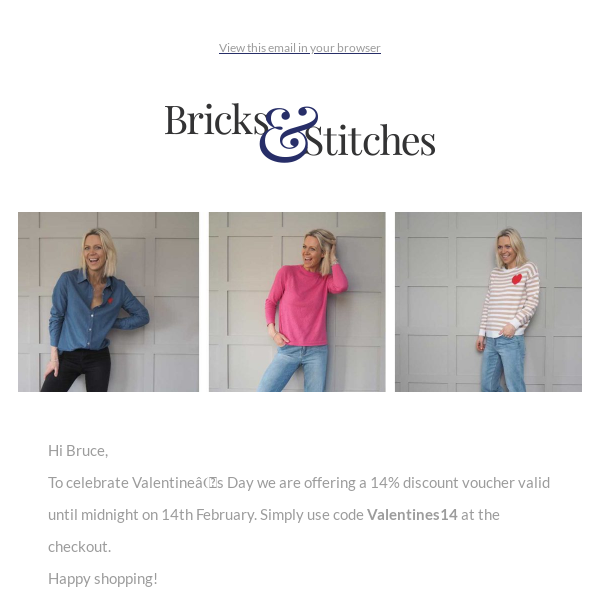 Happy Valentines Day from Bricks & Stitches