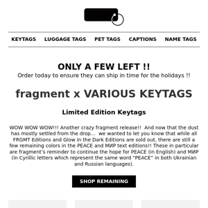 NEW fragment Limited Edition Mini Keytags !! - Various Keytags