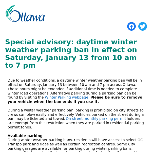 Special advisory: daytime winter weather parking ban in effect on Saturday, January 13 from 10 am to 7 pm