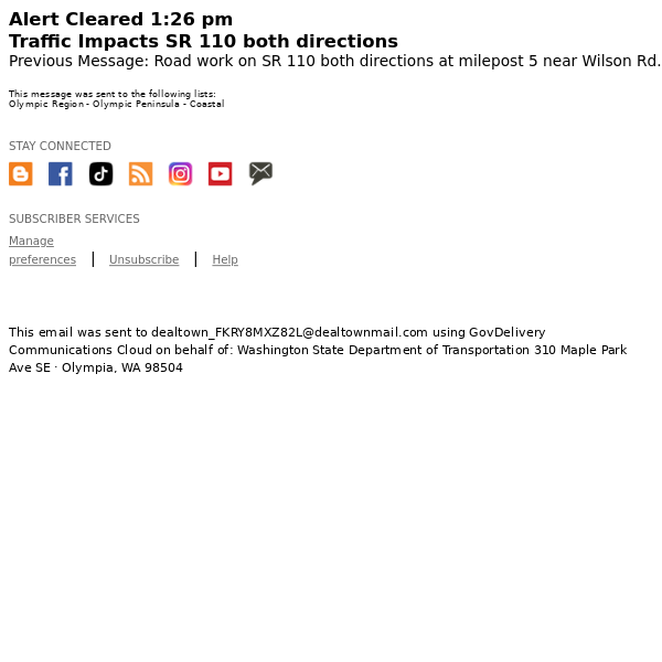 Cleared WSDOT Alert: Traffic Impacts SR 110 both directions at milepost 5.0