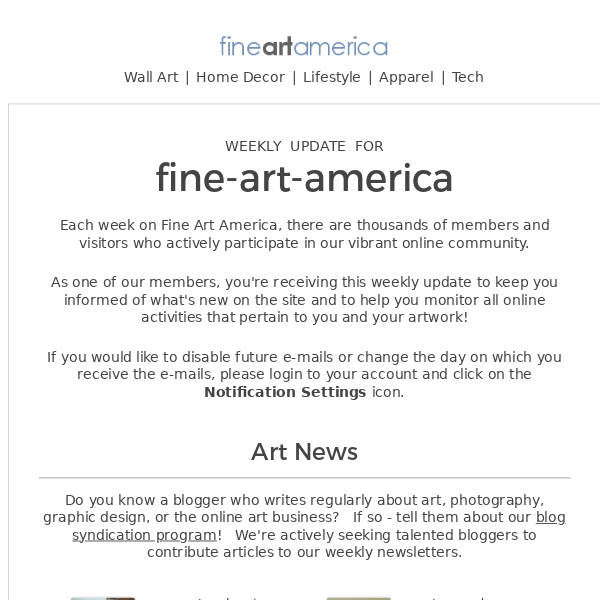 Fine Art America - Weekly Update for Fine Art America