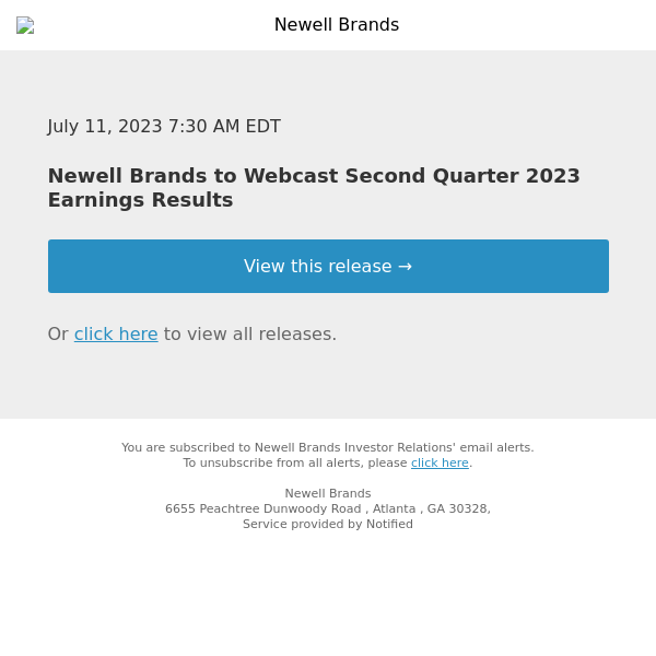 Newell Brands to Webcast Second Quarter 2023 Earnings Results