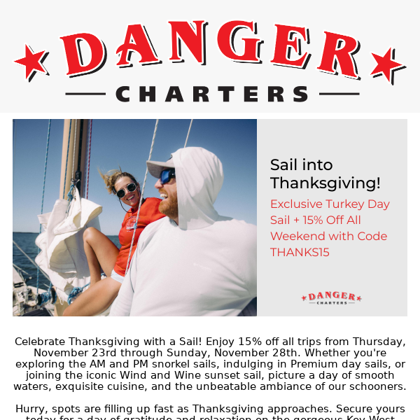 Thanksgiving Cheers: 15% Off All Weekend + Special Turkey Say Sail!