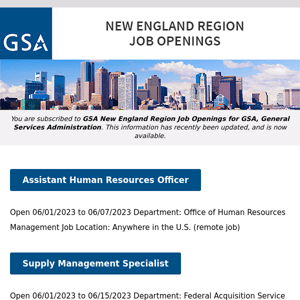 New/Current Job Opportunities in the GSA New England Region