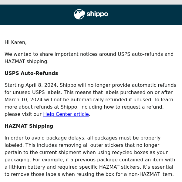 Important notice regarding USPS auto-refunds and HAZMAT shipping
