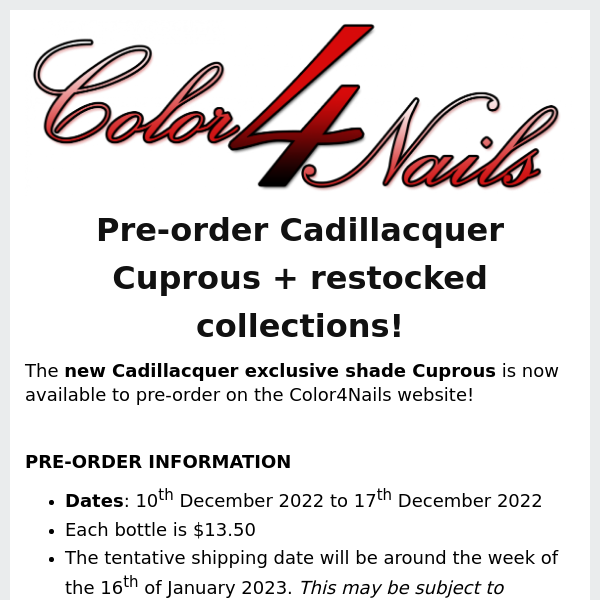 Pre-order Cadillacquer's new exclusive shade - Cuprous + Penelope Luz, Phoenix Indie and Vanessa Molina collections restocked!