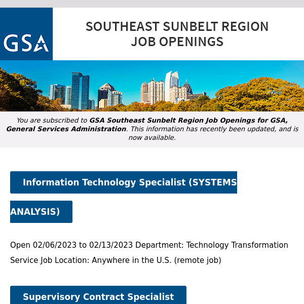 New/Current Job Opportunities in the GSA Southeast Sunbelt Region