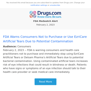 FDA Safety Alert: FDA Warns Consumers Not to Purchase or Use EzriCare Artificial Tears Due to Potential Contamination