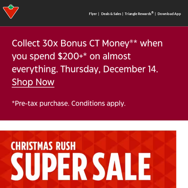 Today only: Collect 20x Bonus CT Money® when you spend $200+