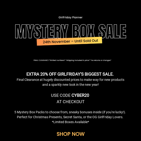 Use code MYSTERY at checkout to save EXTRA $$