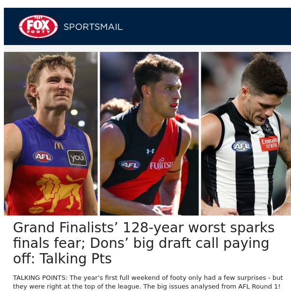 Grand Finalists’ 128-year worst sparks finals fear; Dons’ big draft call paying off: Talking Pts