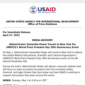 MEDIA ADVISORY: Administrator Samantha Power Travels to New York For UNESCO’s World Press Freedom Day 30th Anniversary Event