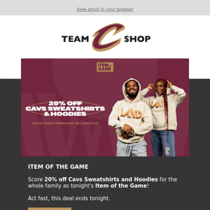 20% off Cavs Sweatshirts & Hoodies