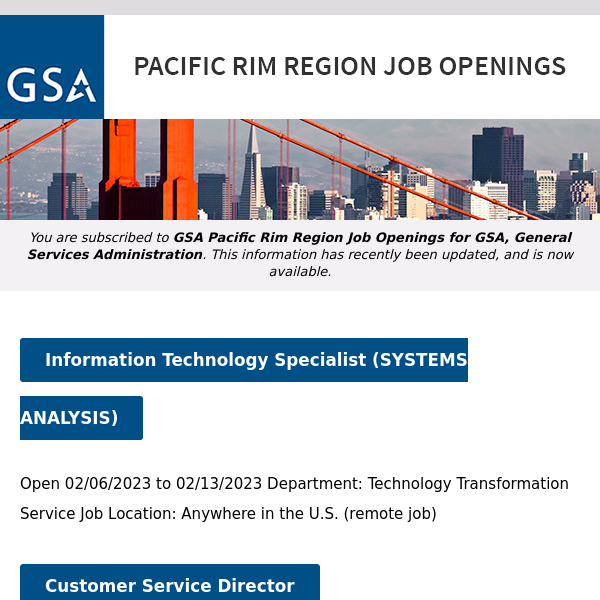 New/Current Job Opportunities in the GSA Pacific Rim Region