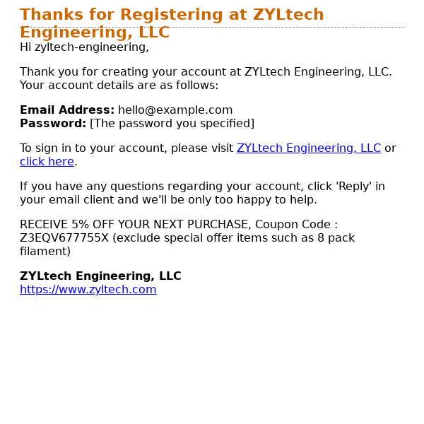 Thanks for Registering at ZYLtech Engineering, LLC