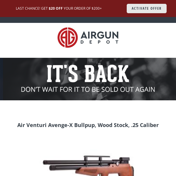 🔔 Reminder: The Air Venturi Avenge-X Bullpup, Wood Stock, .25 Caliber is available! 🔔