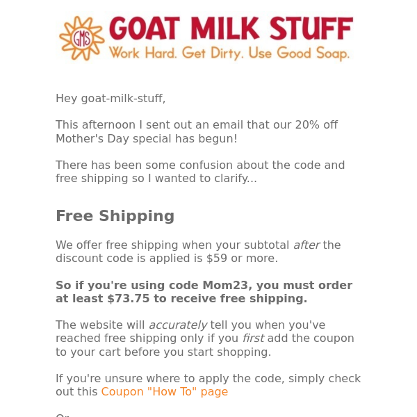 Just a quick clarification on Free Shipping and the 20% off code