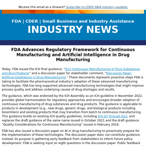 FDA Advances Regulatory Framework for Continuous Manufacturing and Artificial Intelligence in Drug Manufacturing