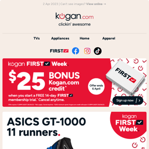 🏃 ASICS GT-1000 11 runners only $99* (Don't pay $179.99) during Kogan FIRST Week - Members only!