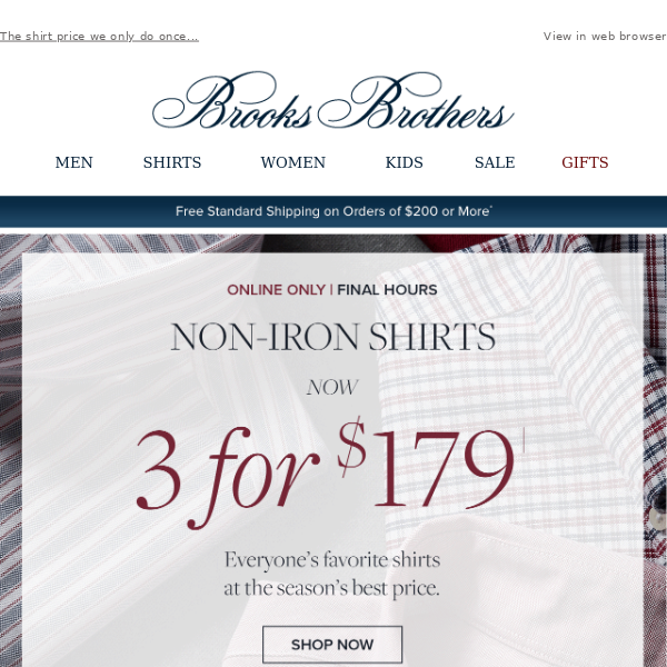 FINAL HOURS: 3 non-iron shirts for $179!