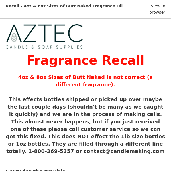 Recall - 4oz & 8oz Sizes of Butt Naked Fragrance Oil