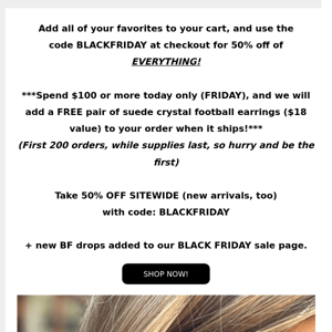 FREE Pair Of Crystal Football Suede Earrings ($18 Value) With Purchase Today