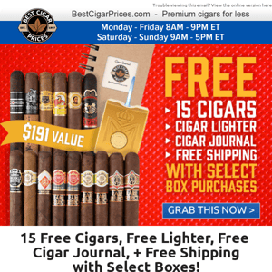 🎁 15 Free Cigars, Free Lighter, Free Cigar Journal, + Free Shipping with Select Boxes! 🎁