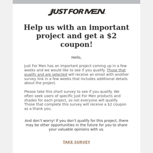 Important Just For Men Project: See if you qualify and get a $2 coupon!