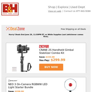 Today's Deals: Zhiyun CRANE 2S Handheld Gimbal Stabilizer Combo Kit, Rotolight NEO 3 On-Camera RGBWW LED Light Starter Bundle, Delkin Devices 160GB BLACK CFexpress Type A Memory Card, IDX ZENITH ZEN-C150G Three-Stud Lithium-Ion Battery and more