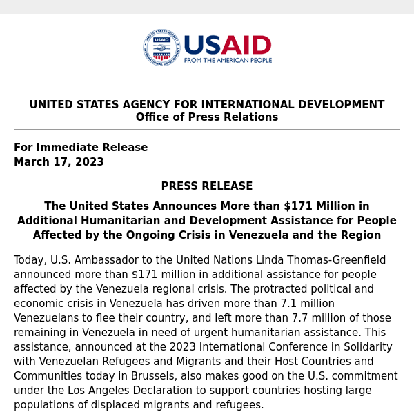 PRESS RELEASE: The United States Announces More than $171 Million in Additional Humanitarian and Development Assistance for People Affected by the Ongoing Crisis in Venezuela and the Region