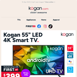 3 Days only! 📺 Kogan 55" 4K Smart TV $399* (Rising to $749.99)