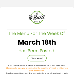 ReBuilt Meals Menu - Week of March 18th