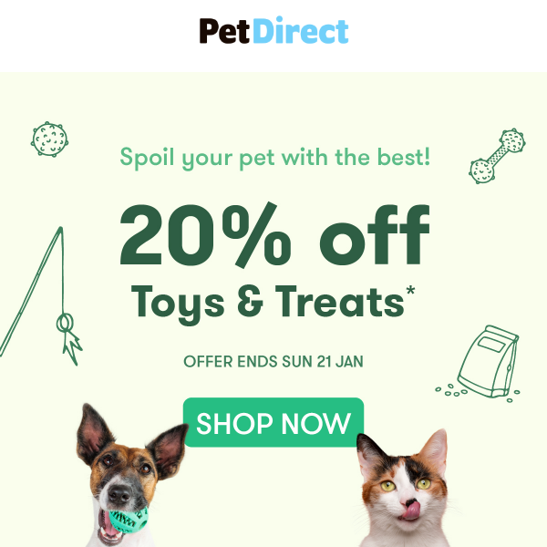 20% OFF Toys & Treats | Spoil Your Pet For Less