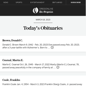 Latest obituaries for March 18, 2023