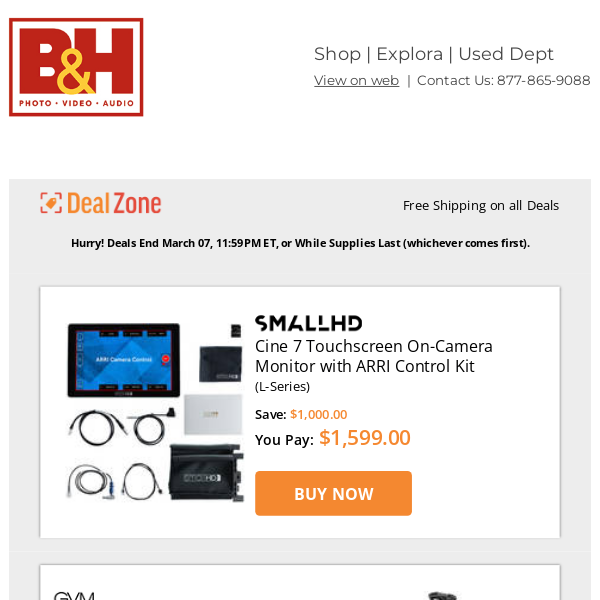 Today's Deals: SmallHD Cine 7 Touchscreen On-Camera Monitor w/ ARRI Control Kit, GVM Aluminum Camera Video Tripod w/ Fluid Head System, Noga Cine Arm DG Hold-It Arm, Benro ArcaSmart360 Rotating Adapter Plate & More