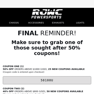 💥 Last Chance! 50% Off at RJWC Powersports 🔥