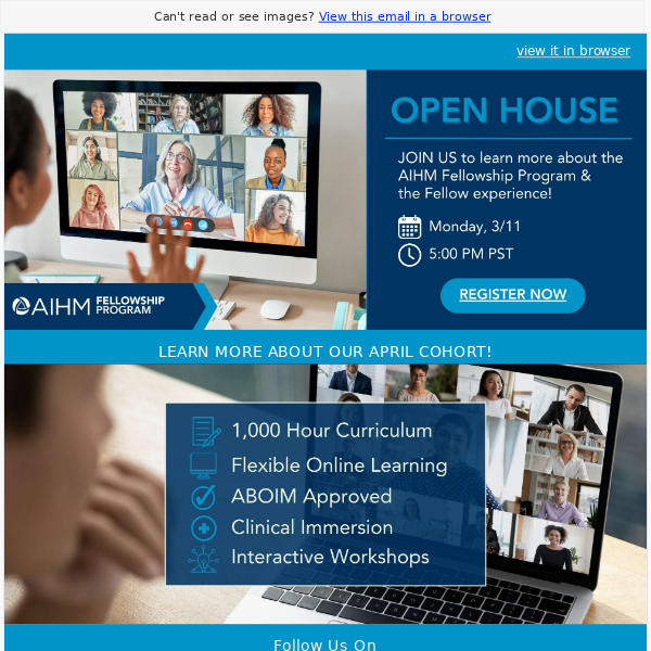 Join us for the AIHM Fellowship Open House on Monday, March 11th, at 5:00 PM PST