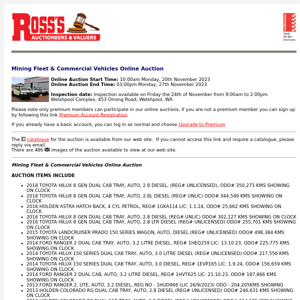 *CATALOGUE AVAILABLE* Ross's > Mining Fleet & Commercial Vehicles Online Auction 27/11/23