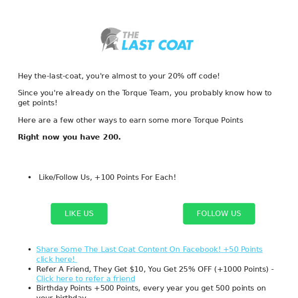 Hey The Last Coat, you're getting close to 20% OFF