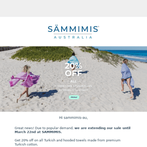 Get 20% off on Turkish and Hooded Towels at SAMMIMIS - Extended until March 22nd!