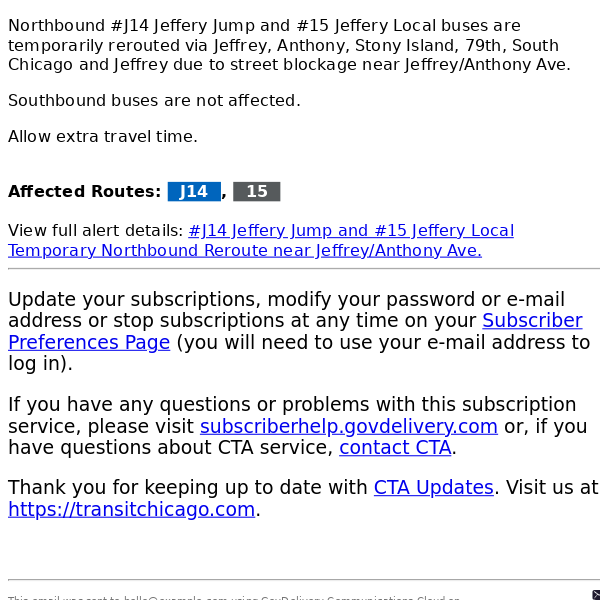 #J14 Jeffery Jump and #15 Jeffery Local Temporary Northbound Reroute near Jeffrey/Anthony Ave.